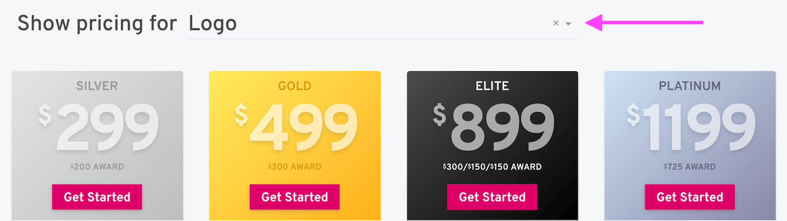 pricing page drop-down menu