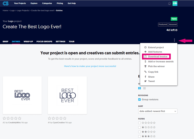 Accessing your invoice from your project